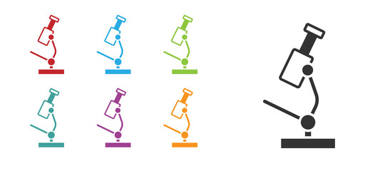 Black Microscope icon isolated on white background. Chemistry, pharmaceutical instrument, microbiology magnifying tool. Set icons colorful. Vector