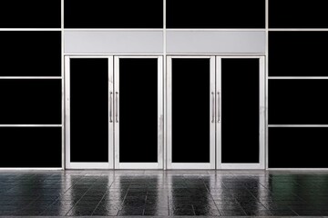 Large aluminum door frames and black stone floor at the entrance to the building