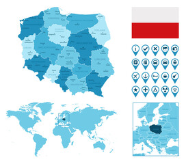 Poland detailed administrative blue map with country flag and location on the world map. Vector illustration