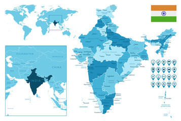 India detailed administrative blue map with country flag and location on the world map. Vector illustration