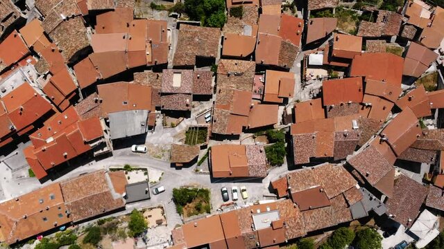 Aerial view of rural village of Capradosso in central Italy Offeio, Petrella Salto, Rieti, Italy (Strada Regionale 578 Cicolana) Old settlements. Top of the mountain. The hinterland of the country.