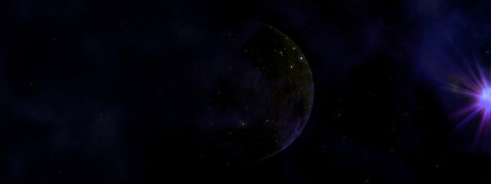 Dark cosmos planet and lights with purple shiny stars, night fiction background © Ivana