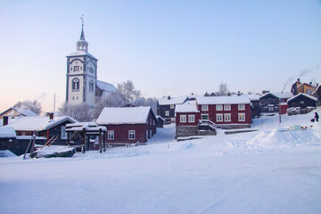 Winter  and cold in Røros city,Old church in Røros city, Røros church, also known under the old name Bergstadens Ziir, is an elongated octagonal church from 1784,Trøndelag,Norway,scandinavia,Europe