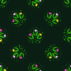Vector seamless pattern with multi-colored flowers and green leaves on a green background. Use in fabric, wrapping paper, wallpaper, bags, clothes, dishes, cases on smartphones and tablets.