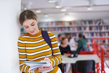 the student uses a notebook and a school library