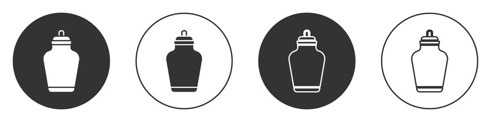 Black Funeral urn icon isolated on white background. Cremation and burial containers, columbarium vases, jars and pots with ashes. Circle button. Vector