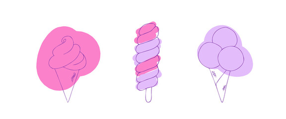 A set of ice creams of different shapes in pink and purple colors. Cartoon style vector illustration.