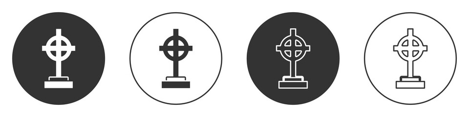 Black Grave with cross icon isolated on white background. Circle button. Vector
