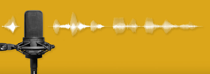 Studio microphone with waveform on yellow background, podcast or broadcast radio banner with copy...