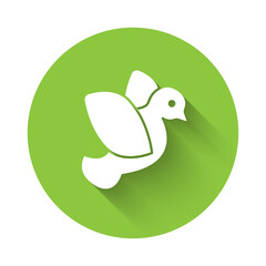 White Dove icon isolated with long shadow. Green circle button. Vector