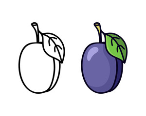 Plum doodle icon. Linear and color version. Black simple illustration of garden fruit with leaf. Contour isolated vector pictogram on white background