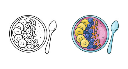 Smoothie bowl doodle icon. Linear and color version. Black simple illustration of plate with fruit puree and spoon. Contour isolated vector pictogram on white background - 424452999