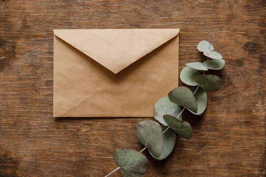 paper brown envelope on wooden table with green plant