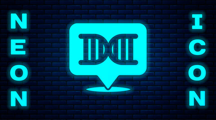 Glowing neon DNA symbol icon isolated on brick wall background. Vector