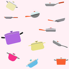 Kitchenware and cooking utensils colorful seamless pattern. Flat and solid color vector illustration.