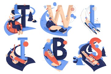 Letters collection for sledding sport activities. T for tubing, W for wok racing, L for luge, I for ice blocking, B for bobsleigh, S for skeleton isolated on white