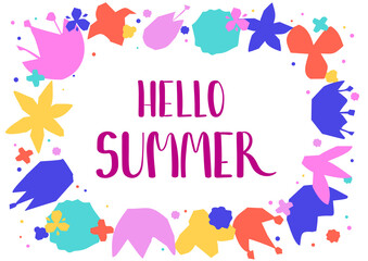Hello summer.Lettering in a bright floral frame of decorative graphic flowers.Typographic template for a print, postcard, banner, greeting card.Vector illustration.