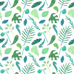 Seamless pattern with various decorative green leaves and nature elements .Spring and summer fresh print in cartoon style.Tropical leaf pattern on white background.