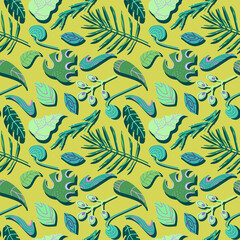 Fototapeta na wymiar Seamless pattern with various decorative green leaves and nature elements .Spring and summer bright print in cartoon style.Tropical leaf pattern on yellow background.