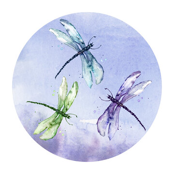 Abstract watercolor blue stain, blot. The dragonfly flies. Moth, butterfly, dragonfly.Planet earth, environmental poster. Watercolor dragonfly. Round logo 