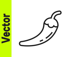 Black line Hot chili pepper pod icon isolated on white background. Design for grocery, culinary products, seasoning and spice package, cooking book. Vector