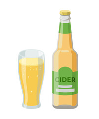 Bottle of cider and glass with cider, beer - vector illustration in flat design isolated on white background. Drink made from apples.