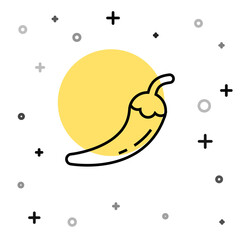 Black line Hot chili pepper pod icon isolated on white background. Design for grocery, culinary products, seasoning and spice package, cooking book. Random dynamic shapes. Vector