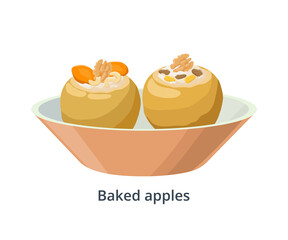Baked apples stuffed with nuts, raisins and cream in bowl isolated on white background. Food made from ripe apples. Vector illustration in flat design.