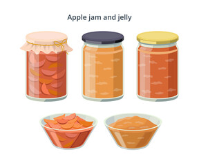 Apple jam and jelly in jars and bowls isolated on white background. Food made from apples. Vector illustration in flat design.