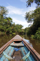 Way of transport in the amazonas south america, little canoe boat is floating over the river, with an piranha fish as food in the front