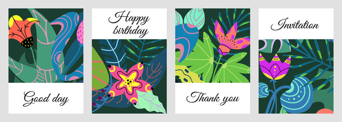 Collection of floral greeting cards.A set of templates for a typographic print, card, invitation, poster, cover.Bright natural flower design, vector illustration.