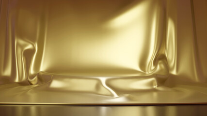 Golden luxurious fabric or cloth placed on top pedestal or blank podium shelf. 3d rendering.