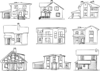 vector sketch of wooden and brick houses
