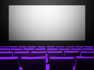 Cinema movie theatre with purple seats and a blank white screen