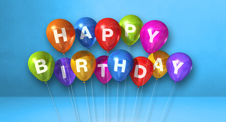 Colorful happy birthday air balloons on a blue background scene. Horizontal Banner