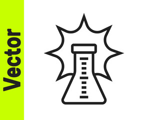 Black line Chemical experiment, explosion in the flask icon isolated on white background. Chemical explosion in a test tube. Vector