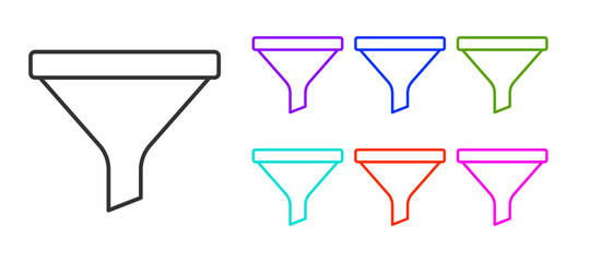 Black line Funnel or filter icon isolated on white background. Set icons colorful. Vector