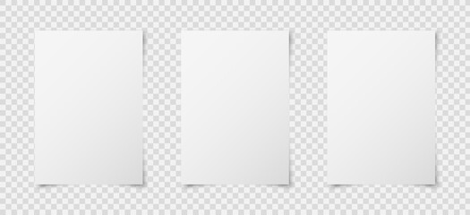 Set of three white realistic blank paper page with shadow isolated on transparent background. A4 size sheet papers. Mock up template for your design. Vector illustration