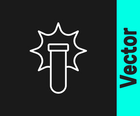 White line Chemical experiment, explosion in the flask icon isolated on black background. Chemical explosion in a test tube. Vector