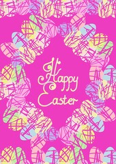 colorful happy easter greeting card. a4. decorated eggs and an inscription in the center. bright pink, purple, purple background.