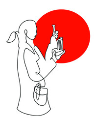 One line drawing of female scientist.
One continuous line drawing of doctor holding test tubes.