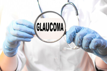 the doctor in gloves holds a magnifying glass with the text GLAUCOMA . the medicine