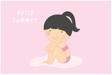 Cute pink bikini girl sitting on the beach vector illustration. Hello summer concept