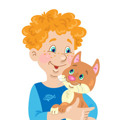 Portrait of a funny ginger boy with a ginger kitten in his hands. In cartoon style. Isolated on white background. Vector flat illustration.