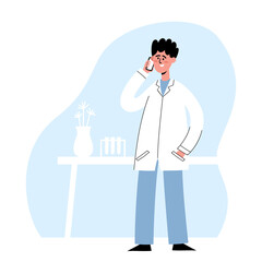 Vector illustration of european doctor with smartphone in medical office.