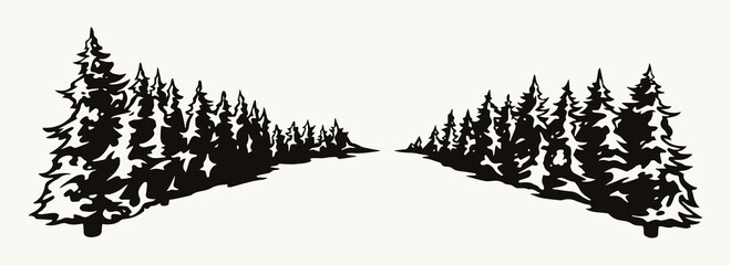 Fir trees rows in perspective concept
