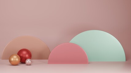 Fototapeta premium 3d render of still life with metallic shapes, empty space for text 