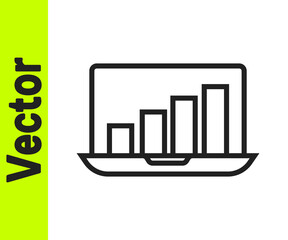 Black line Laptop with graph chart icon isolated on white background. Report text file icon. Accounting sign. Audit, analysis, planning. Vector