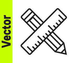 Black line Crossed ruler and pencil icon isolated on white background. Straightedge symbol. Drawing and educational tools. Vector
