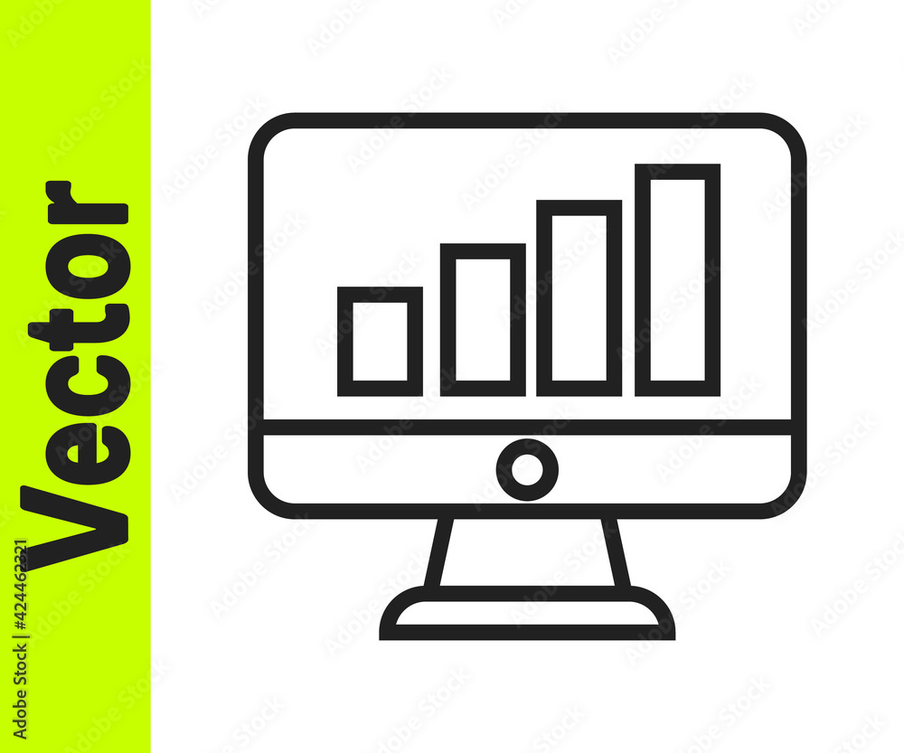Fototapete Black line Computer monitor with graph chart icon isolated on white background. Report text file. Accounting sign. Audit, analysis, planning. Vector
